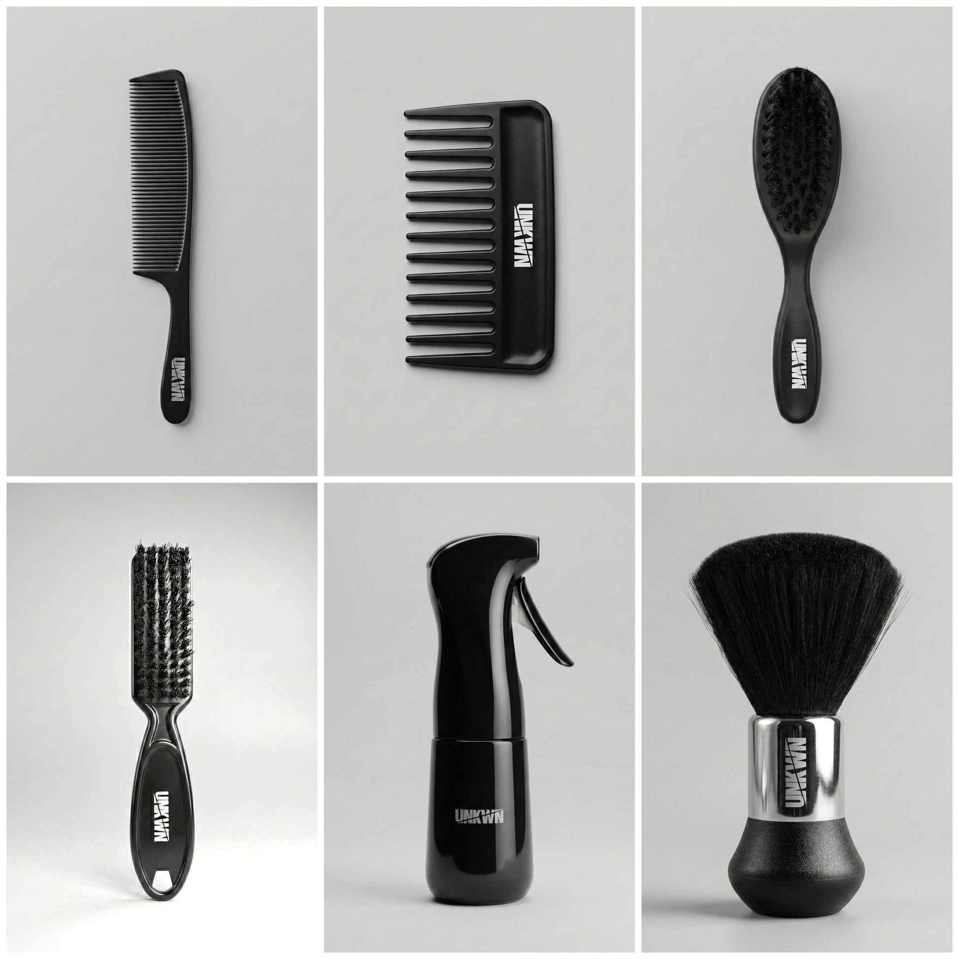 UNKWN accessory kit: small clipper comb, wide tooth styling comb, barber brush, clipper brush, spray bottle, neck duster