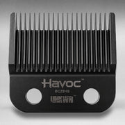 UNKWN Havoc Blade BC22HS, straight-on view showing the cutting teeth, two mounting holes, and Havoc name etched on the face