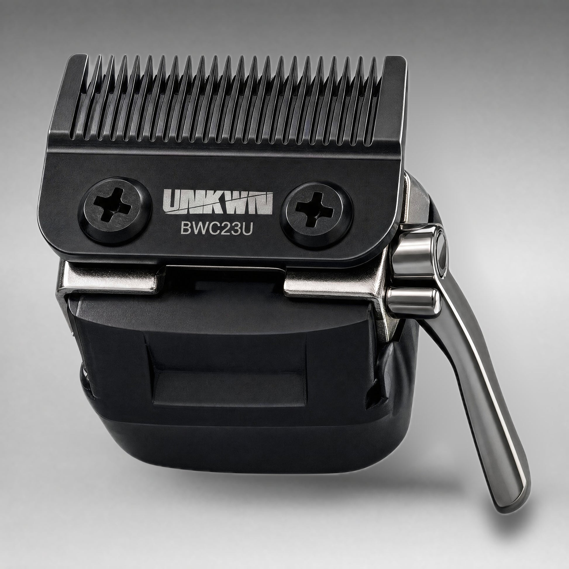 UNKWN Switch Kit BWC23U, front view of the black DLC vented fade blade on its base with the chrome taper lever