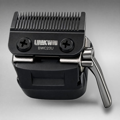 UNKWN Switch Kit BWC23U, front view of the black DLC vented fade blade on its base with the chrome taper lever