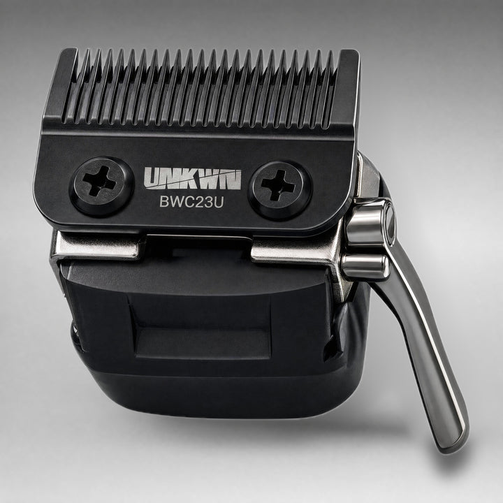 UNKWN Switch Kit BWC23U, front view of the black DLC vented fade blade on its base with the chrome taper lever