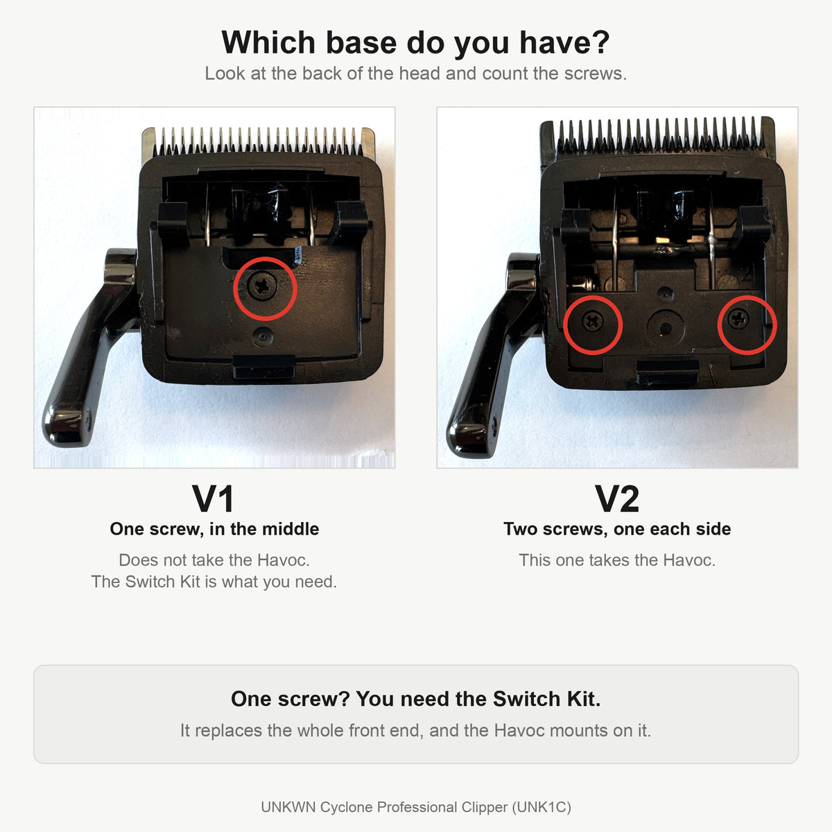 Diagram comparing the two clipper bases: V1 has one screw in the middle and needs the Switch Kit, V2 has two screws and takes the Havoc blade