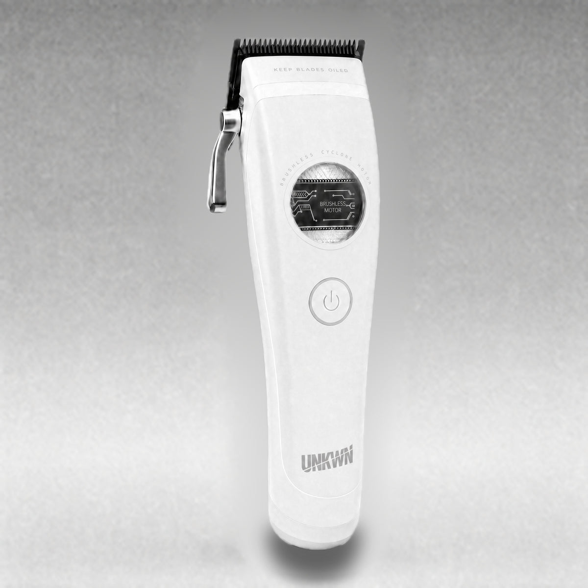 UNKWN Cyclone Clipper UNK1C in white, three-quarter view showing the front face and chrome taper lever