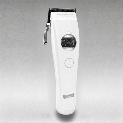 UNKWN Cyclone Clipper UNK1C in white, three-quarter view showing the front face and chrome taper lever
