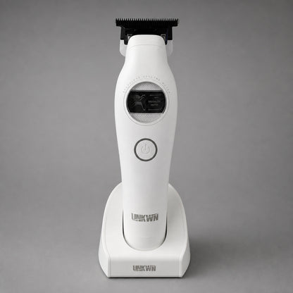 UNKWN Cyclone Trimmer UNK1T in white, front view in its charging dock