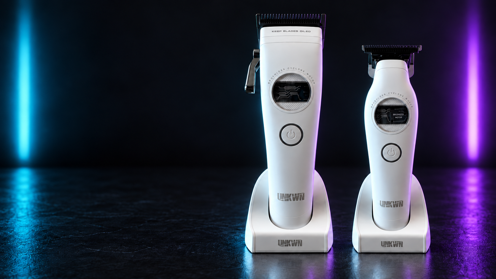 White UNKWN Cyclone clipper and trimmer standing in their charging docks