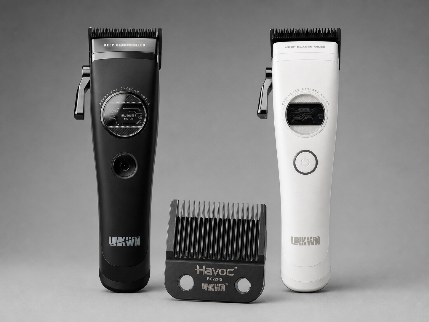Black and white V2 Cyclone clippers with a separate Havoc Blade upgrade